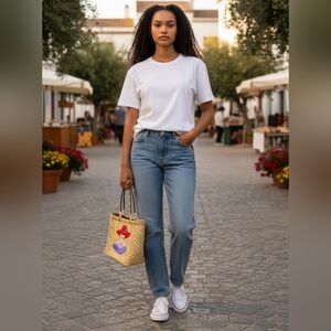 Woven Seagrass Market Tote Red Hat Lady Applique Bag Produce Sustainable Purse